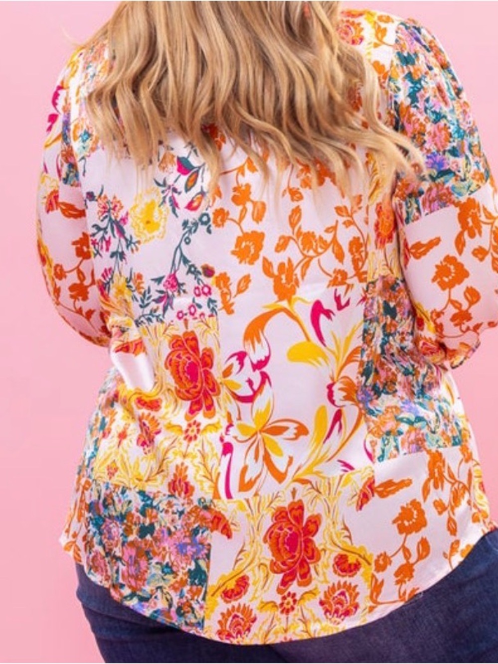 Floral Patchwork Tie-Neck Women's long sleeve Top Pink / Yellow. Medium. Jodifl - Picture 4 of 8